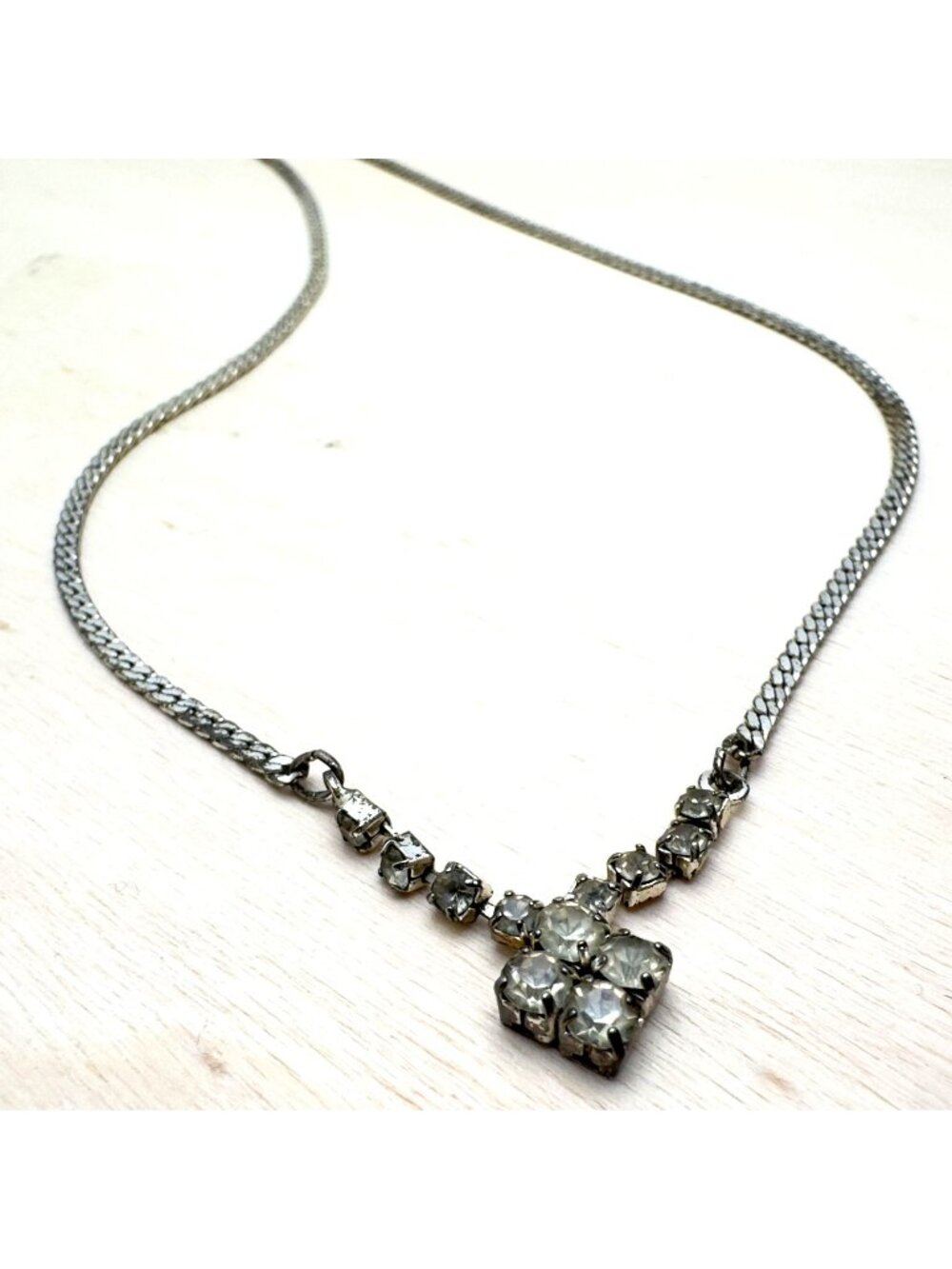 Vintage Art Deco Style Silver-Tone Clear Rhinestone Curb Chain Necklace Pendant